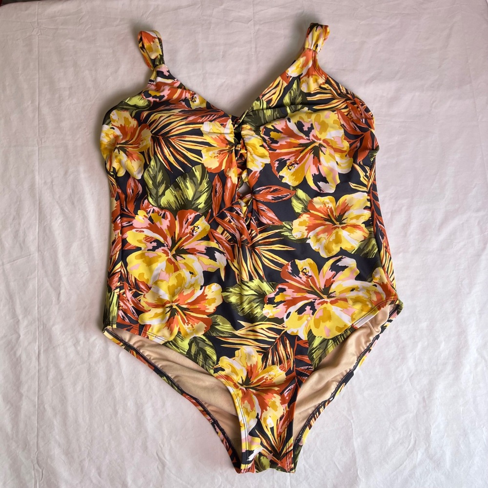 Kona Sol One Piece Swimsuit 18W Multicolor Tropical Floral Strappy Back Lace-Up